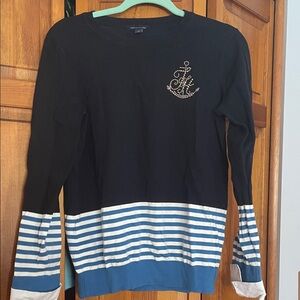 Tommy Hilfiger Black and Blue Striped Crewneck Sweater